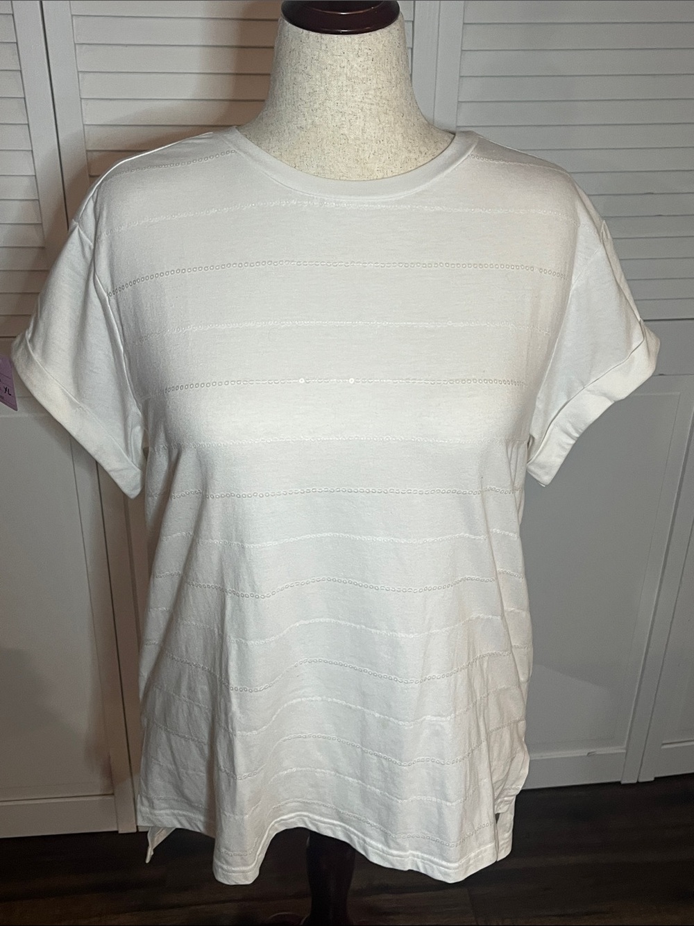 DG2 by Diane Gilman White Short-Sleeve Eyelet Stripe Tee